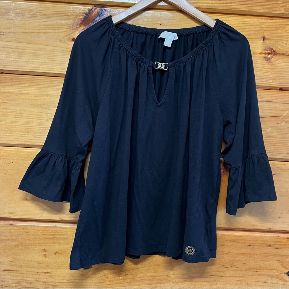 Michael Kors Black Blouse Cut Out Elastic Neck 3/4 Flared Sleeves XL